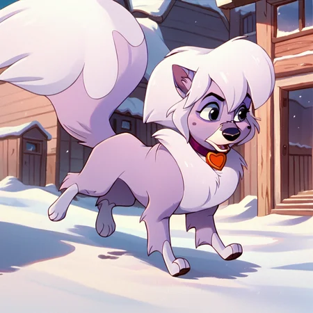 score_9, score_8_up, score_7_up, score_6_up, score_5_up, score_4_up, <lora:DixieBaltoPNY:1>, dixiefrbalto, body fur, dog, two tone fur, purple fur, collar, blue eyes, solo, no humans, white hair, tail, outside, snow, trees, animal ears, running, buildings,