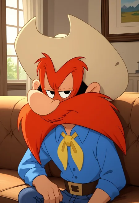 score_9_up, score_8_up, score_7_up, masterpiece, best quality, amazing quality, very aesthetic, absurdres, newest, high quality, detailed, male, solo male, Yosemite Sam, 1boy, mature male, male, athletic build, human, black eyes, big mustache, bushy eyebrows, facial hair, orange hair, broad shoulders, cowboy hat, blue shirt, yellow neckerchief, blue jeans, indoors, sitting on couch, half body, looking at viewer, grumpy expression, half lidded eyes, living room, volumetric lighting