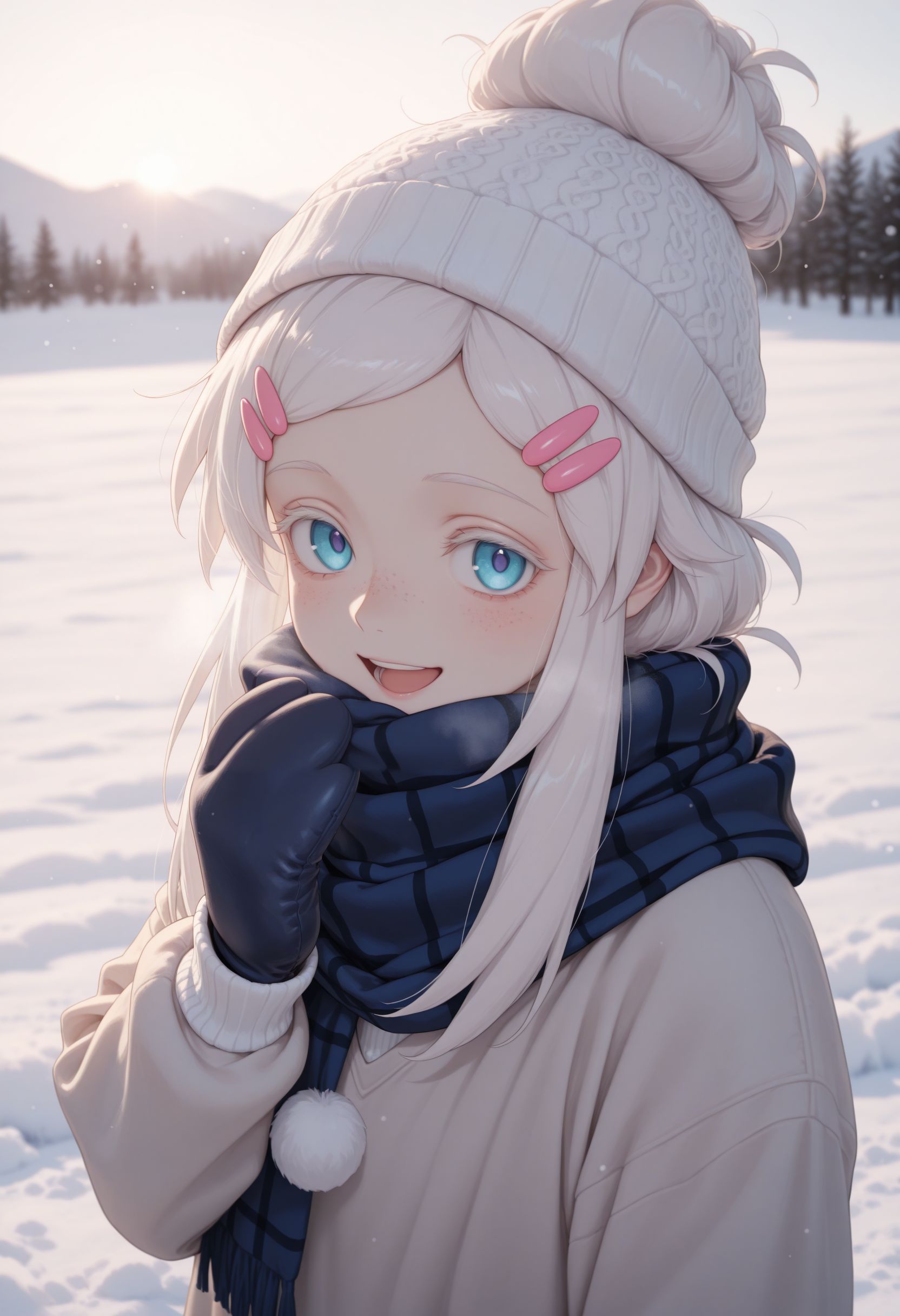 masterpiece,best quality,absurdres,highres,very aesthetic,high quality,detailed,insanely detailed,beautiful,perfect lighting, looking at viewer, 
 <lora:Deux illu:1> 1girl, white hair, single hair bun,sidelocks, white eyelash, hairclip,freckles hair ornament, blue eyes, 
 winter, snowfield, sweater, long skirt, outdoors, scarf, winter, smile, blush, upper body, abstract background, beanie, portrait, alternate costume, white background, looking at viewer, smile, mittens, blush, scarf, heavy breathing, open mouth, hat, winter clothes, pom pom \(clothes\)