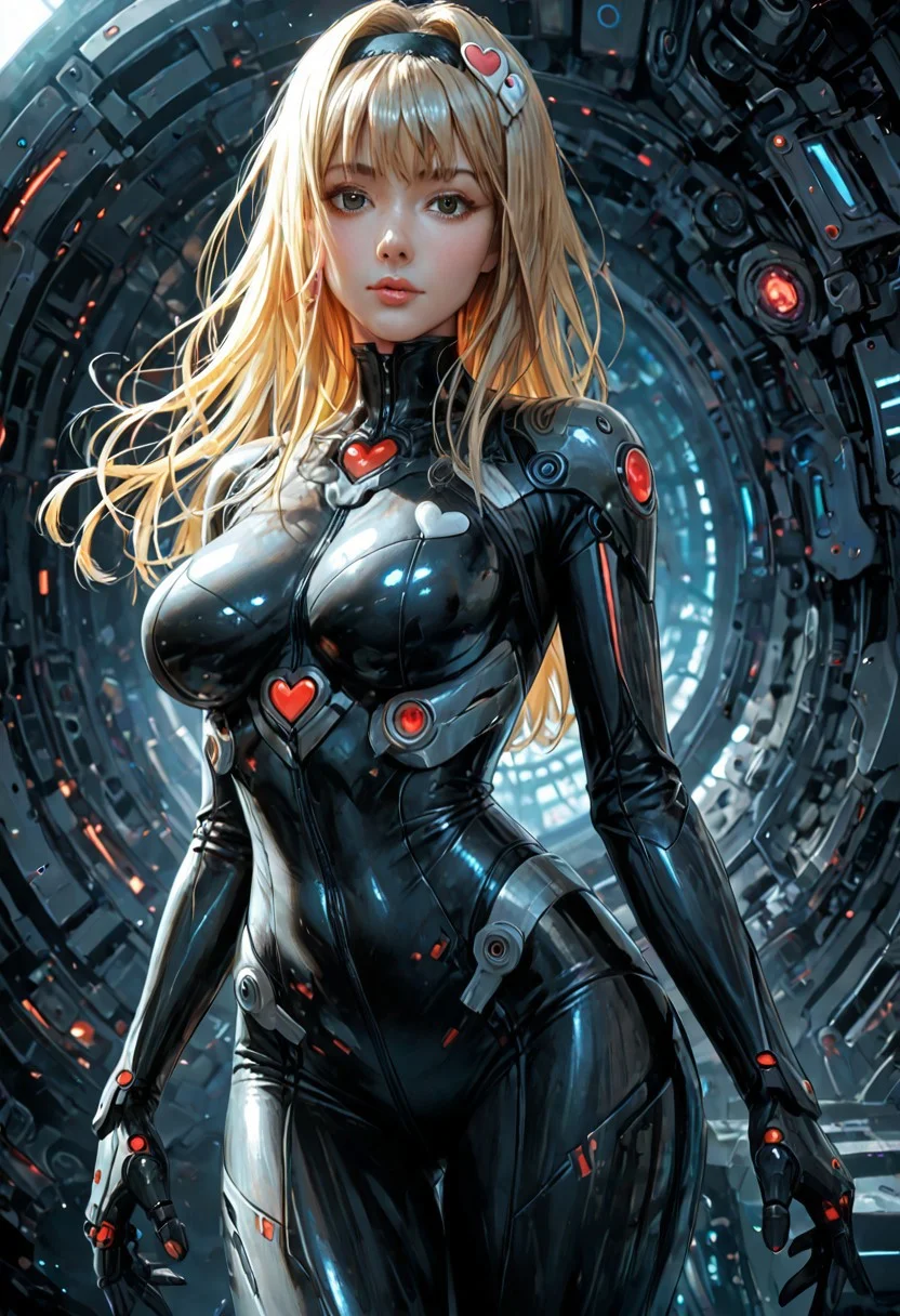 Score_9, score_8_up, score_7_up, score_6_up BREAK UtaMisa, 1girl, blonde hair, heart hair ornament, hairband, large breasts, bodysuit, looking at viewer, mechanical background, futuristic, sci-fi, shiny, glossy, highly detailed, beautiful art, beautiful background, beautiful lighting