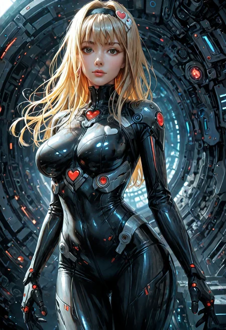 Score_9, score_8_up, score_7_up, score_6_up BREAK UtaMisa, 1girl, blonde hair, heart hair ornament, hairband, large breasts, bodysuit, looking at viewer, mechanical background, futuristic, sci-fi, shiny, glossy, highly detailed, beautiful art, beautiful background, beautiful lighting