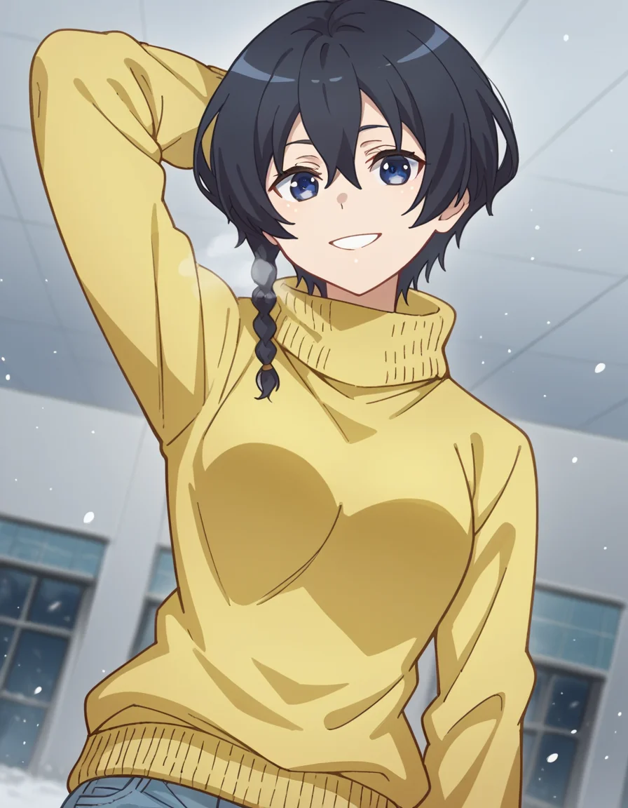 score_9, score_8_up, score_7_up, source_anime, <lora:karen-kohiruimaki-s1-ponyxl-lora-nochekaiser:1>, karen kohiruimaki, short hair, bangs, blue eyes, black hair, hair between eyes, braid, side braid, medium breasts,, long sleeves, pants, sweater, turtleneck, denim, jeans, turtleneck sweater, yellow sweater, snow day, winter clothes, snowball fight, laughter, cold breath, white landscape, smile, looking at viewer, hand behind head, , solo,, cowboy shot, dutch angle,