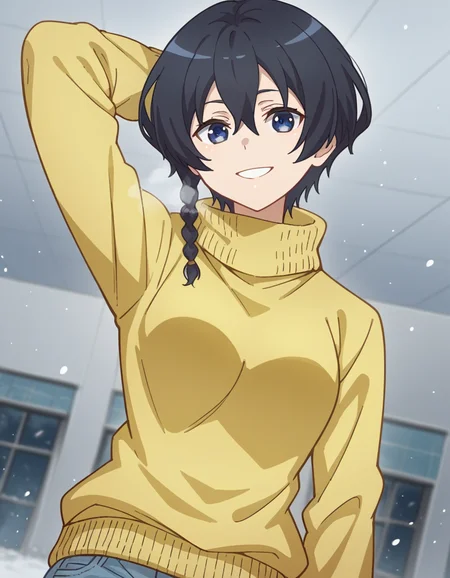 score_9, score_8_up, score_7_up, source_anime, <lora:karen-kohiruimaki-s1-ponyxl-lora-nochekaiser:1>, karen kohiruimaki, short hair, bangs, blue eyes, black hair, hair between eyes, braid, side braid, medium breasts,, long sleeves, pants, sweater, turtleneck, denim, jeans, turtleneck sweater, yellow sweater, snow day, winter clothes, snowball fight, laughter, cold breath, white landscape, smile, looking at viewer, hand behind head, , solo,, cowboy shot, dutch angle,