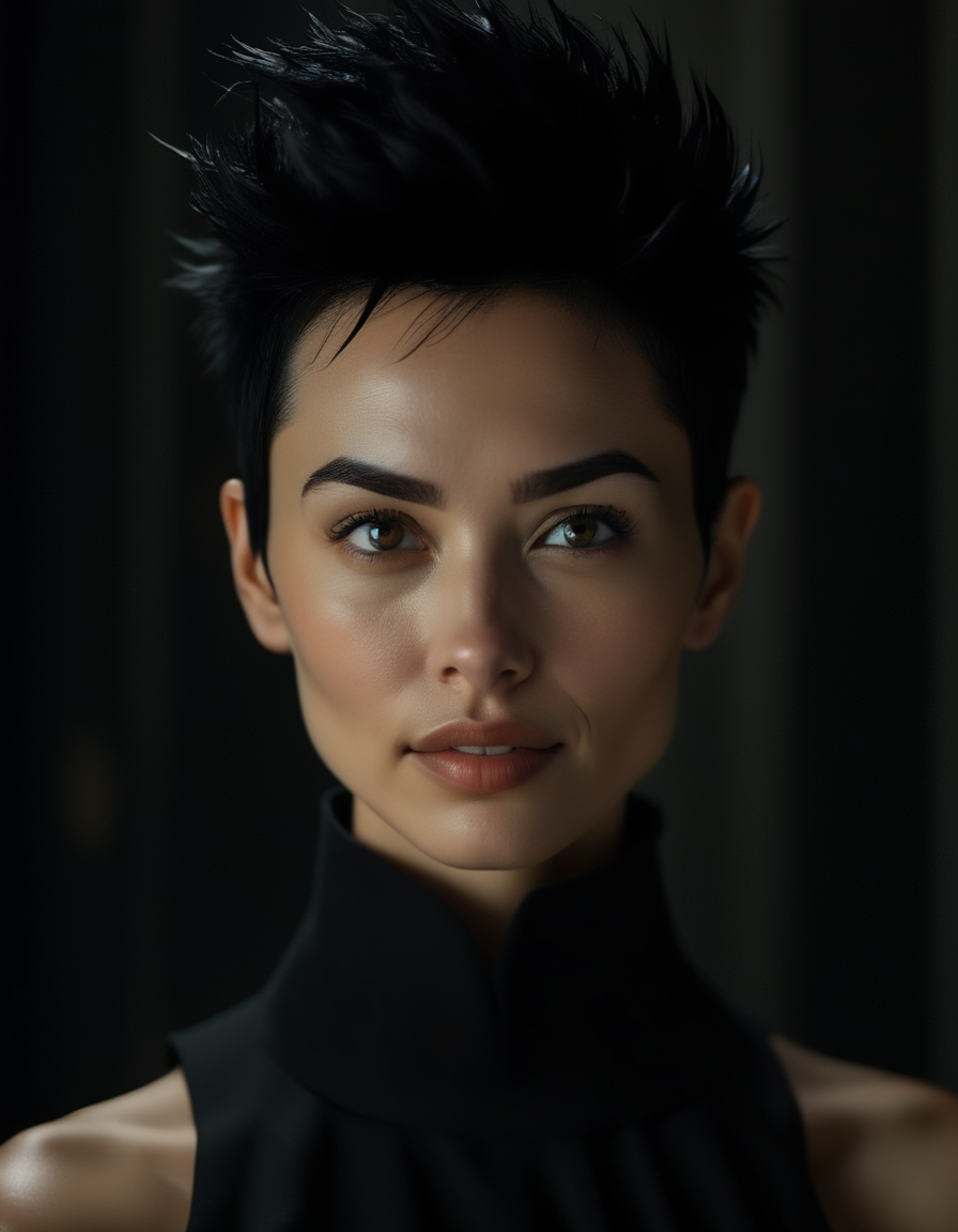A mysterious portrait of a woman with short, spiky black hair, her angular face half-hidden in shadows, her dark eyes filled with secrets, her lips slightly curved in a knowing, enigmatic smile. <lora:usual-portrait-v2:1>