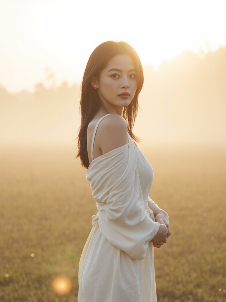 There are wonderful studio lights and various reflections,her thin face is very delicate,
18yo beautiful cute girl with blushing and female orgasm.skin naturally showing the texture of blood vessels and detailed pale skin,looking at viewer,
cowboy shot,(full body:0.7),--,
--,<lora:Xin_Zhilei_f1_rank2_bf16:1>,she is Xin Zhilei,
--, A woman stands in a gentle morning mist on an empty field, wearing a flowing silk wrap dress in soft ivory, backlit by pale sunrise rays that create a glowing halo around her form â the fog softens the scene and focuses attention on her graceful silhouette.