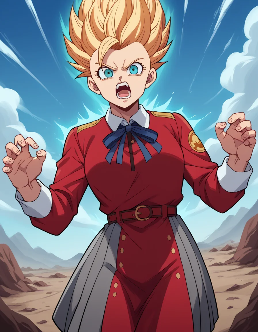 score_9, score_8_up, score_7_up, source_anime, <lora:super-saiyan-ponyxl-lora-nochekaiser:1>, super saiyan, spiky hair, aura, open mouth, closed hands, shouting, breast,
<lora:chisato-nishikigi-s1-ponyxl-lora-nochekaiser:1>,
shirt, long sleeves, dress, ribbon, white shirt, collared shirt, belt, neck ribbon, red dress, blue ribbon, pleated dress, grey dress, two-tone dress, red belt, lycoris uniform,
wasteland, sky, blue sky, clouds,, cowboy shot, dutch angle, looking at viewer,