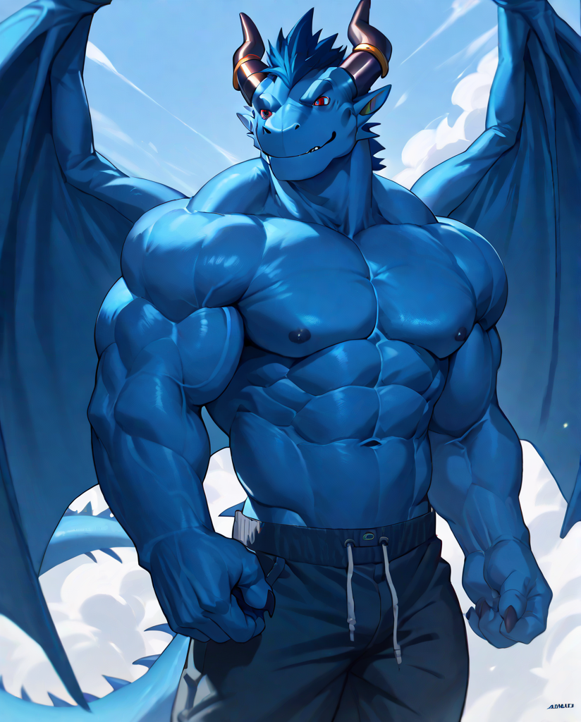 source_furry,score_9,score_8 up,score_7 up,score_6 up,male,anthro,furry,1boy,solo,blue_dragon,dragon,wings,horns,blue body,red eyes,muscles,muscular,bodybuilder,abs,pectorals,biceps,huge muscles,large muscles,hyper muscles,<lora:Blue_Dragon:0.9>,