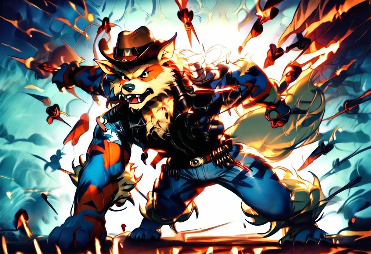 Solo, hyper realistic, photorealistic, highly detailed, anime, 2 Male character, over shoulder action shot, furry, anthro, not human, wearing a cowboy hat, Wild West background, Wild West setting, action scene, fight scene, bombs going boom, bullets flying past, arcanine, high noon, 1 v 1, 2 characters, firing revolvers