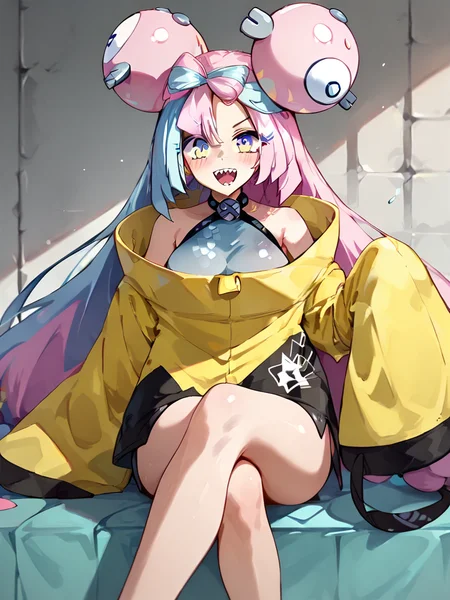 score_9, score_8_up, score_7_up, ultra detailed,, <lora:Expressive_H:0.8> Expressiveh, zPDXL, sitting,crossed legs , huge cameltoe , large breasts, looking at viewer, <lora:l0n0-10:1>, l0n0, 1girl, long hair, smile, hair ornament, jacket, pink hair, yellow jacket, character hair ornament, iono (pokemon), teeth, sharp teeth, bow-shaped hair, solo, oversized clothes, very long sleeves, x, sleeveless, sleeveless shirt, sleeves past fingers, shirt, sleeves past wrists, open mouth, low-tied long hair