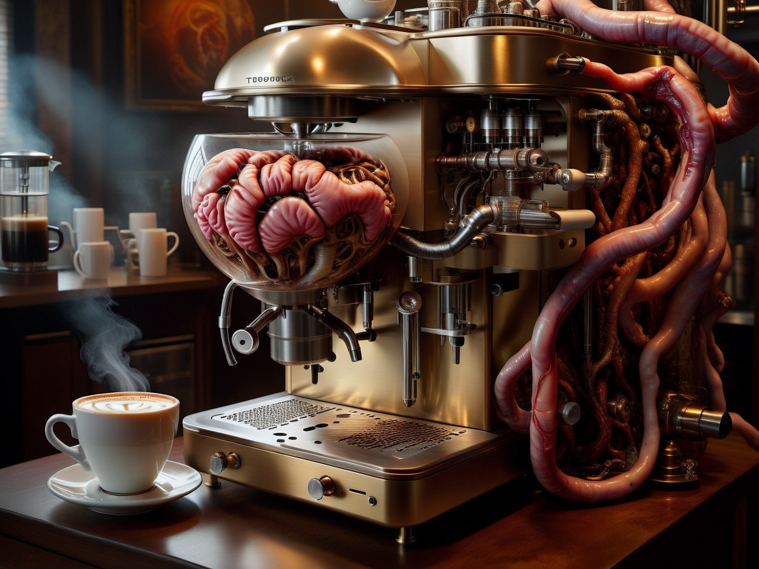 <lora:TechPunkAIv2Pruned:.9> disgusting BioPunkAI , TumorPunkAI  coffee machine   (Highly detailed, amazing fantasy setting), (Shiny Impressive lighting), (Colorful, Ultra Realistic, High quality, Highly detailed, Sharp focus, 8K UHD, Art photography), (trending on artstation)