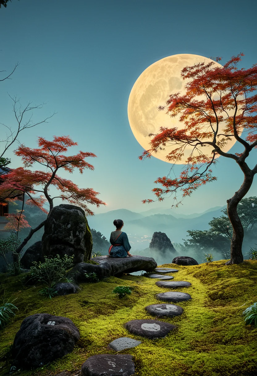 d577:0.25, A realistic Japanese courtyard garden with moss-covered mounds,natural stones and neatly arranged stepping stones forming a winding path, wabi-sabi aesthetics, spatial layering, and material harmony, a person sitting on a rock in the middle of a grassy area with a full moon in the sky in the background, mountains and trees in foggy area and sunset and sunset is in distant area on hill in background in foreground and sunset, cinematic lighting, glossy paper, iso150, 35mm, score_9, score_8_up, score_7_up, intricate details, Hyperrealism style, 3d, concept-art, dreaminess, psychedelic, shallow-depth-of-field, cinematic lighting, soft bokeh, very beautiful composition, Unreal, real-time 3D, Epic Games style, Unreal Engine style, 3d-rendering, vibrant contrast depth and shadow enhanced using (Gaussian blur) for a soft background focus, (sharpen filter) applied, (color grading) to enhance contrast between warm and cool tones, (noise reduction) for a smooth, clean finish, (HDR toning) used for extra depth and detail, highly detailed dreamy background detailed skin texture, subsurface scattering award-winning, professional, highly detailed . dreamlike, mysterious, provocative, symbolic, intricate, detailed, hyper-detailed, masterpiece, award winning, midjourneyv6.1