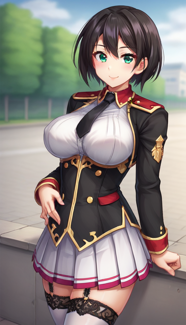 score_9,score_8_up,masterpiece,best quality,correct anatomy,anime_source,1girl,solo,perfect eyes,perfect arms,perfect legs,perfect face,outdoors,upper body,(portrait:1.5),looking at viewer,facing viewer,smile,blush,Azusa Riskross,black hair,short hair,hair intakes,bangs,aqua eyes,military uniform,black necktie,black jacket,cropped jacket,white shirt,black corset,long sleeves,large breasts,miniskirt,white skirt,pleated skirt,zettai ryouiki,garter straps,white thighhighs,lace-trimmed legwear,sneakers,black footwear,<lora:Azusa Riskross(uq)-Pony:1.2>,
