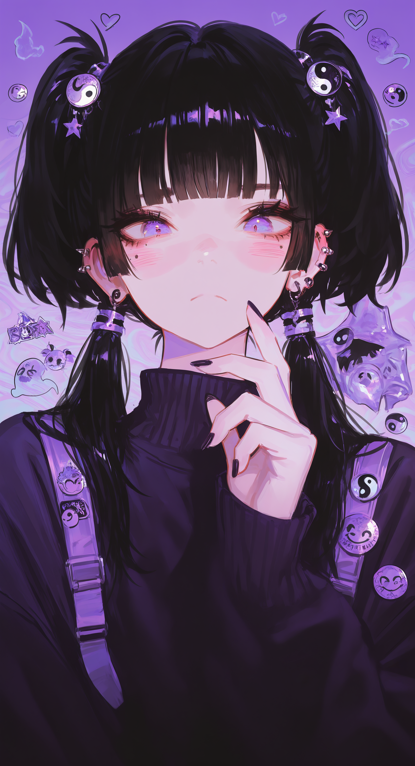 masterpiece, best quality, Good quality, very aesthetic, absurdres, newest, 1girl, solo, long_hair, looking_at_viewer, blush, black_hair, long_sleeves, hair_ornament, closed_mouth, jewelry, twintails, purple_eyes, upper_body, heart, earrings, blunt_bangs, nail_polish, star_\(symbol\), mole, sweater, two_side_up, mole_under_eye, turtleneck, frown, piercing, blush_stickers, black_nails, ear_piercing, short_twintails, hand_on_own_face, purple_background, ghost, straight-on, black_sweater, badge, yin_yang, purple_theme, extra_eyes, button_badge, sticker, smiley_face <lora:ponyv4_noob1_2_adamW-000017:0.7> <lora:USNR_STYLE_XL_lokr:1>