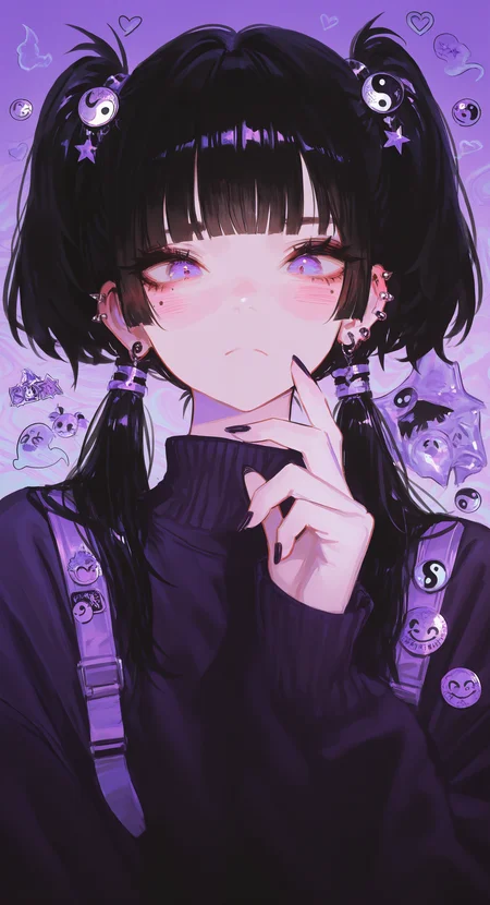 masterpiece, best quality, Good quality, very aesthetic, absurdres, newest, 1girl, solo, long_hair, looking_at_viewer, blush, black_hair, long_sleeves, hair_ornament, closed_mouth, jewelry, twintails, purple_eyes, upper_body, heart, earrings, blunt_bangs, nail_polish, star_\(symbol\), mole, sweater, two_side_up, mole_under_eye, turtleneck, frown, piercing, blush_stickers, black_nails, ear_piercing, short_twintails, hand_on_own_face, purple_background, ghost, straight-on, black_sweater, badge, yin_yang, purple_theme, extra_eyes, button_badge, sticker, smiley_face <lora:ponyv4_noob1_2_adamW-000017:0.7> <lora:USNR_STYLE_XL_lokr:1>