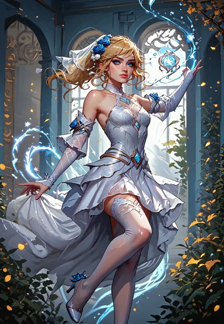 ((zPDXL3)), ((masterpiece,best quality, highly detailed)), ((score_9)), score_8_up, score_7_up, score_6_up, score_5_up, score_4_up, Digital painting style, brushstrokes, ((EnhanceImage)), solo, 1girl, LuxCRLOLXL, blue eyes, blonde hair, ponytail, sidelocks, bangs, hair ornament, hair flower, veil, medium breasts, dress flower, bare shoulders, white dress, white elbow gloves, white thighhighs, white high heels,
Expressiveh, 30yo, adult lustful confident woman, petite, slender body, perky saggy natural breasts, full lips, bangs, sidelocks, straps,
chinese magical sorceress, animated, swirling magic, wisps of magic, dancing pose, tight squeezed outfit, magical accessories, evoking motion, conveying motion, dynamic splash art, 
<lora:PainterlyFantasiaPDXL:0.6>,