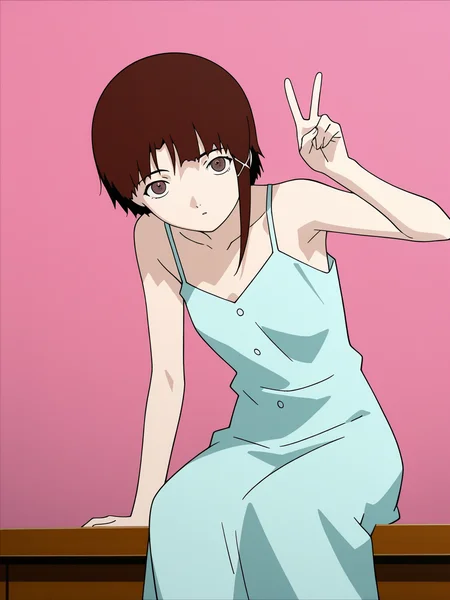 best quality, amazing quality, very aesthetic, absurdres, masterpiece, anime screencap, <lora:Lain_ILXLv0:1> iwakura_lain_\(sel\), peace sign, light blue dress, sleeveless, bare shoulders, sitting