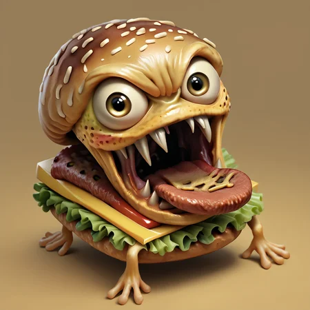score_9, score_8_up, score_7_up. <lora:monster_foodPony:0.6>,monster_food,
no humans, hotdog monster,open mouth, solo, yellow eyes, tongue, simple background, , fangs,