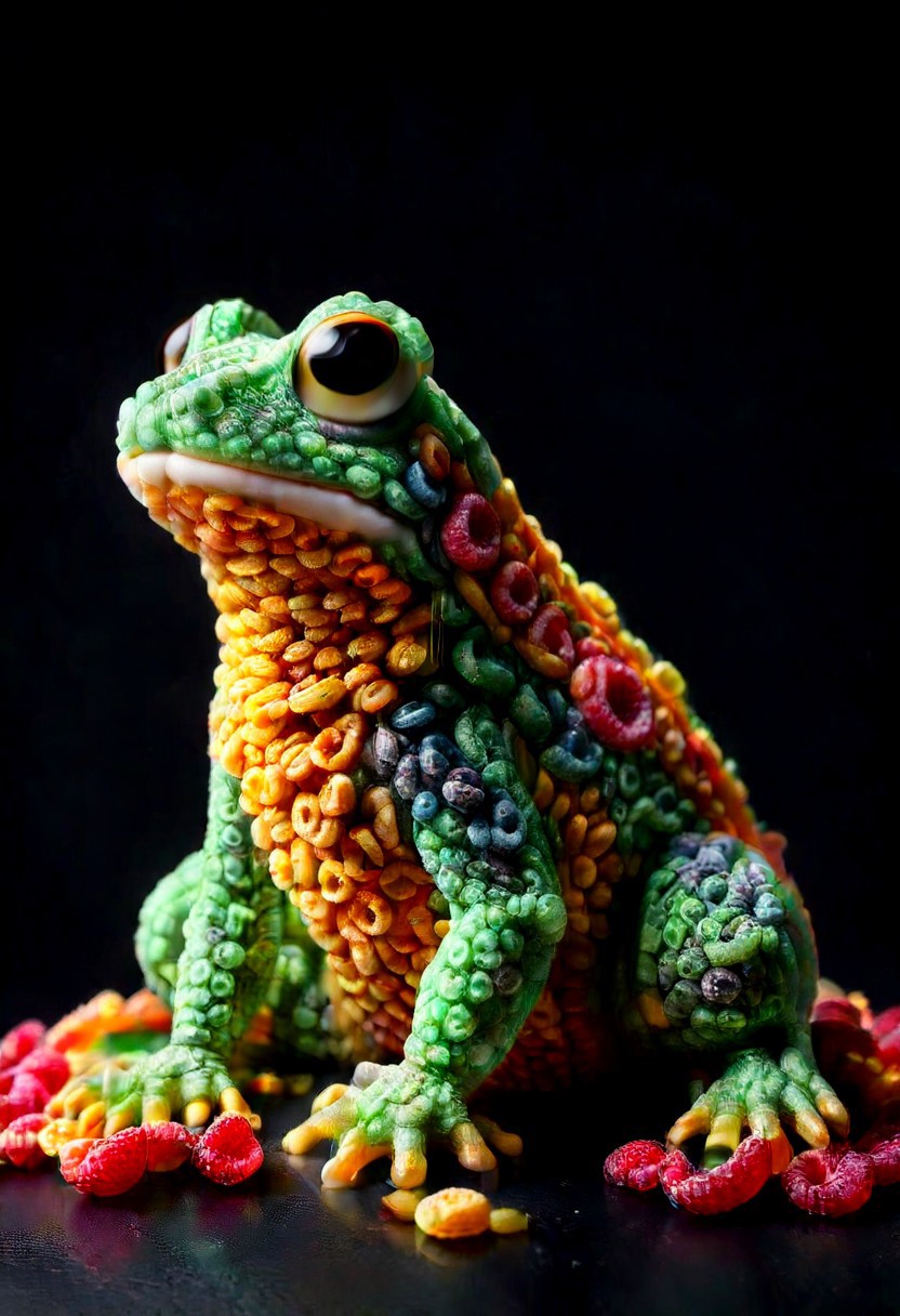 A photorealistic image of a majestic frog made of fruit loops,
intricate details, dramatic composition, tension, contrast, texture, realism, high quality, stunning art, film grain, volumetric lighting, detailed, 
simple background, black background,