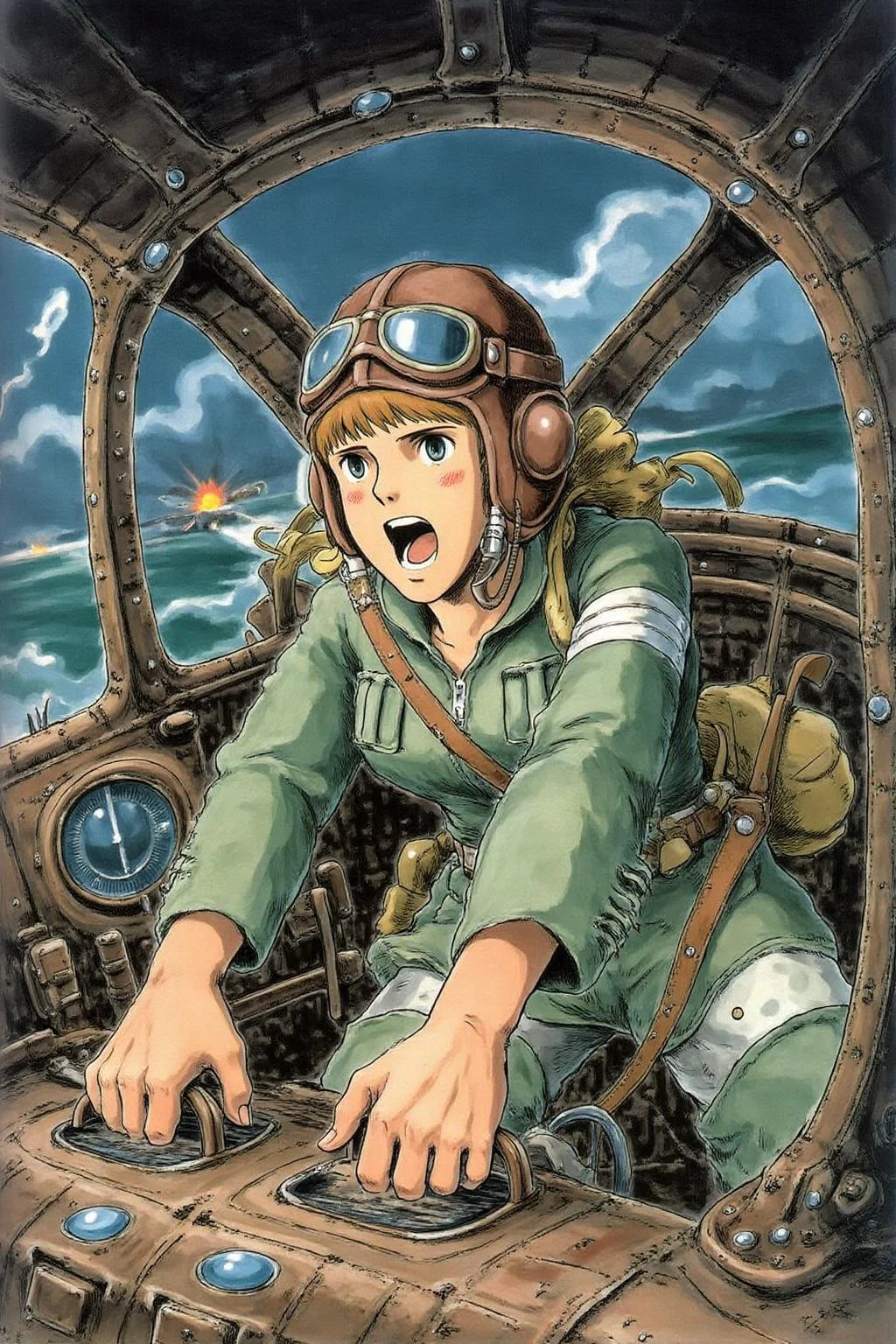 miyaha1 manga illustration.
A female pilot screaming inside the cockpit of a World War II bomber. The pilot, wearing a vintage leather flight helmet with goggles and a bomber jacket, grips the controls with white-knuckled hands. Her face is contorted in a mix of fear and determination as she yells, her eyes wide with adrenaline. The cockpit is cramped and filled with old-fashioned dials and gauges, with the outside view showing dark stormy clouds and distant anti-aircraft fire <lora:miyaha1_cap_d6a3e12:1.0><lora:818072699009012241:0>