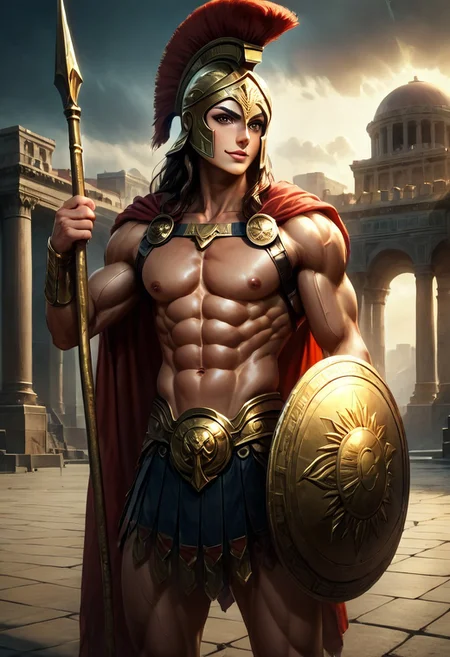 score_9, score_8_up, score_7_up:1.4), masterpiece, Expressive, ultra detailed, anime style, (perfect anatomy), Face Details:1.8, male focus, abs focus, 1man, male, solo, handsome face, detailed face, clean shaven, (detailed eyes, perfect eyes, brown eyes), brown hair, long hair, Greek facial features, athletic physique, toned arms, six pack abs, toned legs, (bare chest), Spartan helmet, red cloak, large round shield, Spartan symbols, holding long spear, long spear in hand, perfectly glossy skin, perfect body proportion, natural lighting, extremely detailed, best quality, highly detailed, intricate details, ancient Greek city, Greek landscape, dynamic pose, (looking at viewer, sexy smirk, cocky look,)