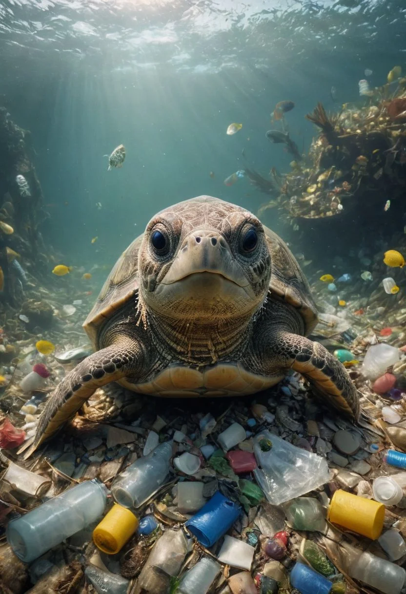 amazing quality, masterpiece, best quality, hyper detailed, ultra detailed, UHD, perfect anatomy, portrait, dof, hyper-realism, majestic, awesome, inspiring, Captured in the midst of a serene swim, this adorable sea turtle basks in the tranquility of its natural habitat midst colorful trash. However, a stark reality unfolds as the river it calls home is marred by pollution, trash and debris. This poignant image serves as a stark reminder of the urgent need to protect our waterways and preserve the delicate ecosystems they support. #WildlifeInCrisis #ProtectOurRivers, cinematic composition, soft shadows, national geographic style