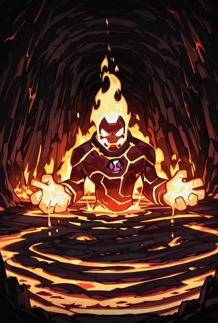 <lora:heatblast-09:1> heatblast, fire, 1boy, dynamic pose, <lora:sakfsdajfkasd:1> alpharecdyt, in lava, volcano, lava pool, black rocks, black cave walls, dripping lava, upper body,, masterpiece, best quality, amazing quality, very aesthetic, absurdres, newest,