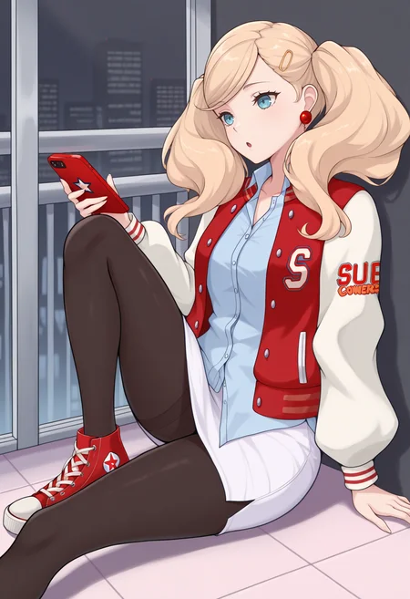masterpiece, best quality, 1girl, sitting, knee up, holding phone, :o, <lora:AnnP5-illu:1> winAnn, blonde hair, twintails, swept bangs, hairclip, blue eyes, ball earrings, letterman jacket, long sleeves, light blue shirt, collared shirt, untucked shirt, white skirt, pencil skirt, black pantyhose, converse, red footwear, railing, on floor, tile floor, window, city, leaning back