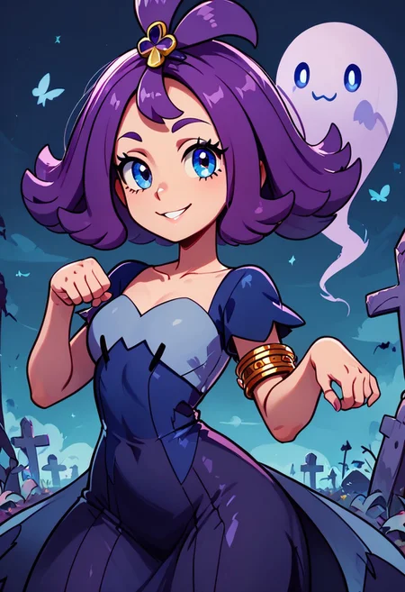 score_9, score_8, (curvy), cute, eyelashes,
BREAK,
acerola (pokemon), purple hair, purple hair, topknot, flipped hair, collarbone, purple dress, stitches, multicolored dress, armlet
,BREAK,
dynamic pose, ghosts, graveyard, paw pose, :3,
smile, looking at viewer, cowboy shot, zPDXL, Expressiveh,