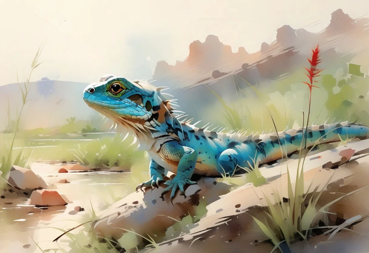 close up, macro photography of a turquoise lizard on the river bank, several tones of blue scales, red grainy rocks, soft and delicate grass, small peebles, soft stones, navajo sacred land, blazing sunset, etheral landscape, watercolor, deep tones, oil and watercolor painting