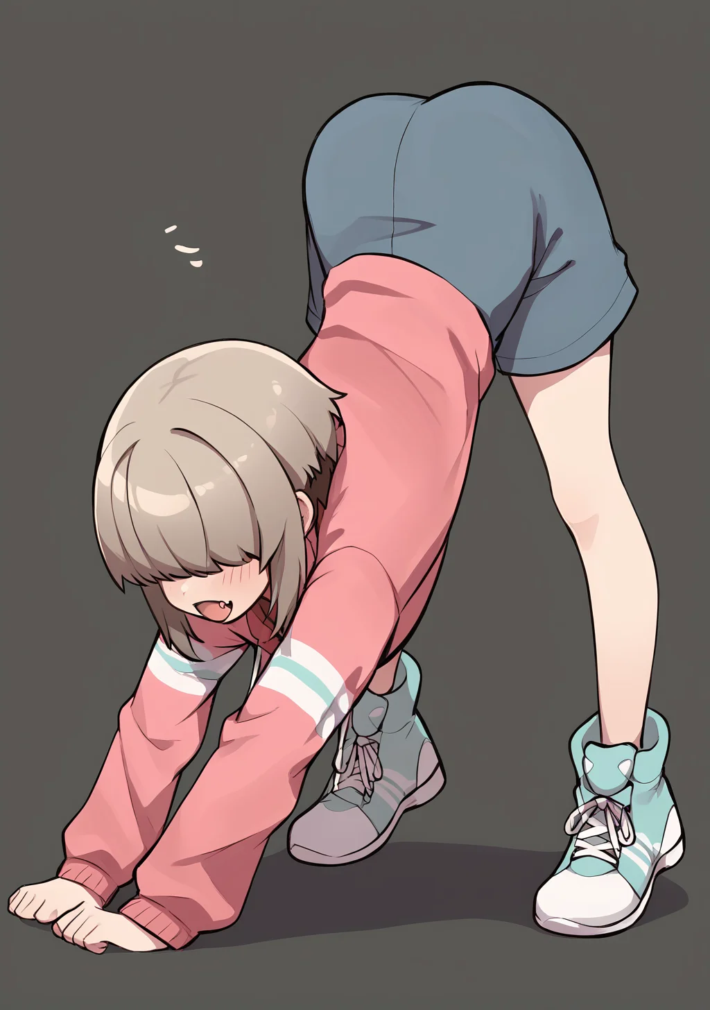 score_9, score_8_up, score_7_up, score_6_up, score_5_up, score_4_up, masterpiece, high quality, BREAK, full body, BREAK, <lora:Cat_Stretch_Pose_Pony:0.8> cat stretch, arched back, stretch, pose, stretching, <lora:Hoseki_UzakiChan_YanagiUzaki_PDXL_v1:0.9> ynguzk, fang, covered eyes, short hair with long locks, pink shirt, long sleeves, blue shorts