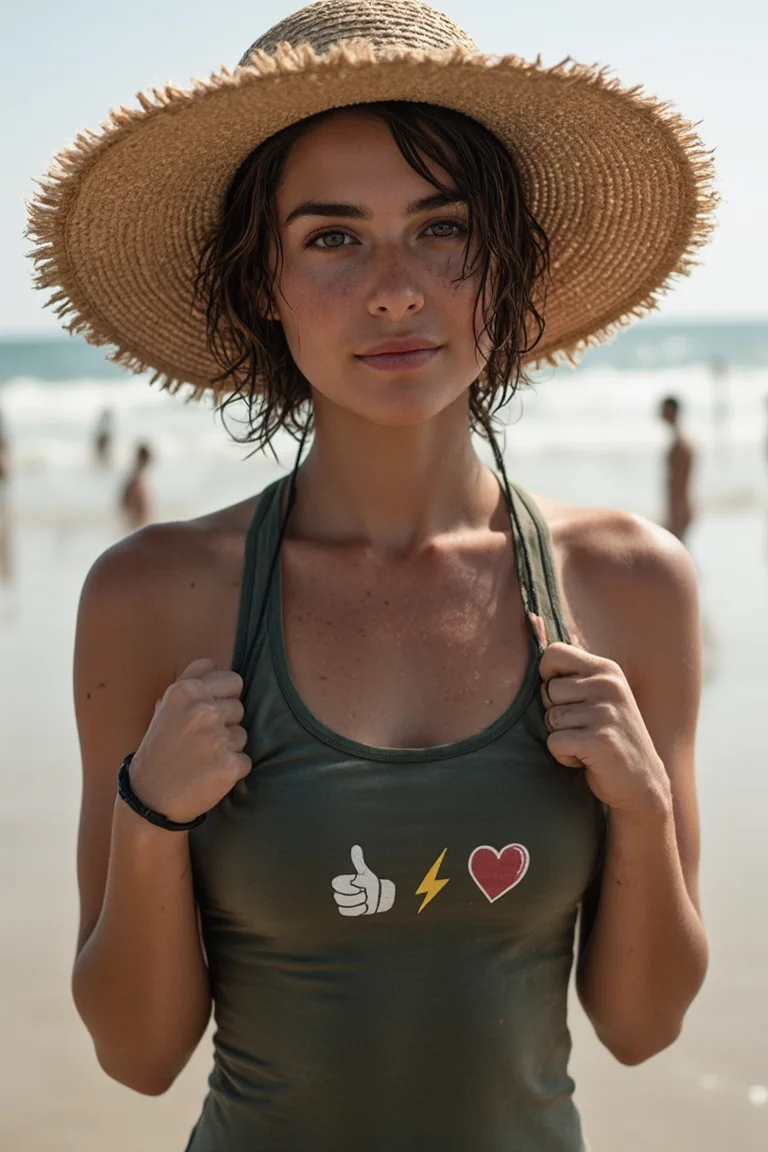 Semi-realistic image. high quality. 8k. A beautiful young woman with sharp features wearing a (wet dark green tank top:1.2) with an image of thumbs-up, lightning and heart on the shirt. She is stretching her shirt by pulling down on it. She has short windswept brown hair and is wearing a large straw hat. She has tanned olive skin freckles on her face and arms. Looking at the viewer and smiling. Background is a beach with pepole playing in the water in the distance. Her face is partially in shadows.