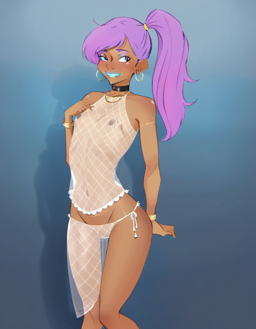 <lora:Rainwater_Style_SDXL:1>, solo, jewelry, pointy ears, 1girl, hoop earrings, nipples, dark skin, flat chest, piercing, earrings, navel piercing, long hair, smile, purple hair, ponytail, dark-skinned female, hand on hip, armlet, topless, see-through, necklace, blue eyes, navel, nipple piercing, grin, choker, makeup, very long hair, shantae, looking at viewer