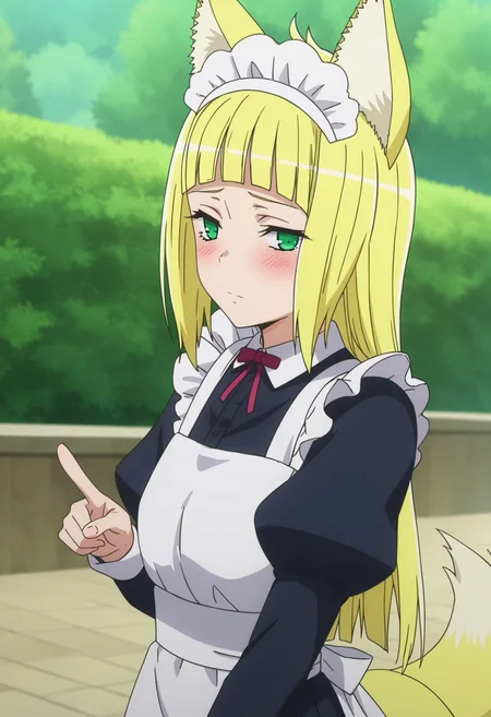 score_9, score_8_up, score_7_up, source_anime,
BREAK
1girl, solo, anime screencap, anime coloring,
<lora:shiHaruhimeV1:1>, shiharuhimemaid, fox ears, fox tail,
long hair, blonde hair, green eyes, blunt bangs,
maid headdress, maid apron, black dress, puffy sleeves, neck ribbon,
looking at viewer, outdoors, blush, pointing at viewer,