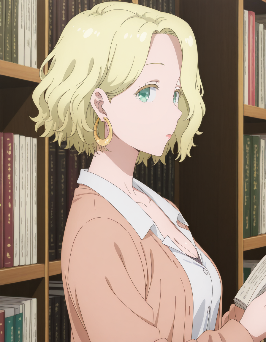 masterpiece, best quality, amazing quality,, <lora:ferris-olston-s1-illustriousxl-lora-nochekaiser:1>, ferris olston, short hair, blonde hair, green eyes, mature female, mature female, breasts, anime screencap, shirt, cleavage, jewelry, collarbone, jacket, white shirt, earrings, collared shirt, brown jacket, hoop earrings,, from side, bookstore, books, shelves, reading, quiet, cowboy shot, solo, looking at viewer,