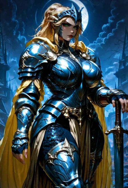 masterpiece, best quality, newest, absurdres, highres, dark, outdoors, night, closed mouth, , serious, 1girl, solo, tall woman, mature female, milf, motherly, armor, green eyes, spiked helmet, blonde hair, french braid, luscious lips, soft lips, plump lips, musuclar female, broad shoulders, large breasts, yellow trim, shoulder armor, large butt, wide hips, thick thighs, Detailed red lips, wide red lips, lipstick, plate armor, chainmail chausses, mail leggings, knighty metal  boots, hound themed helm, yellow cape, steel sword, gauntlets, , armoured legs, , holding sword, planted sword, hands on hilt, cowboy shot, looking at viewer, plain background