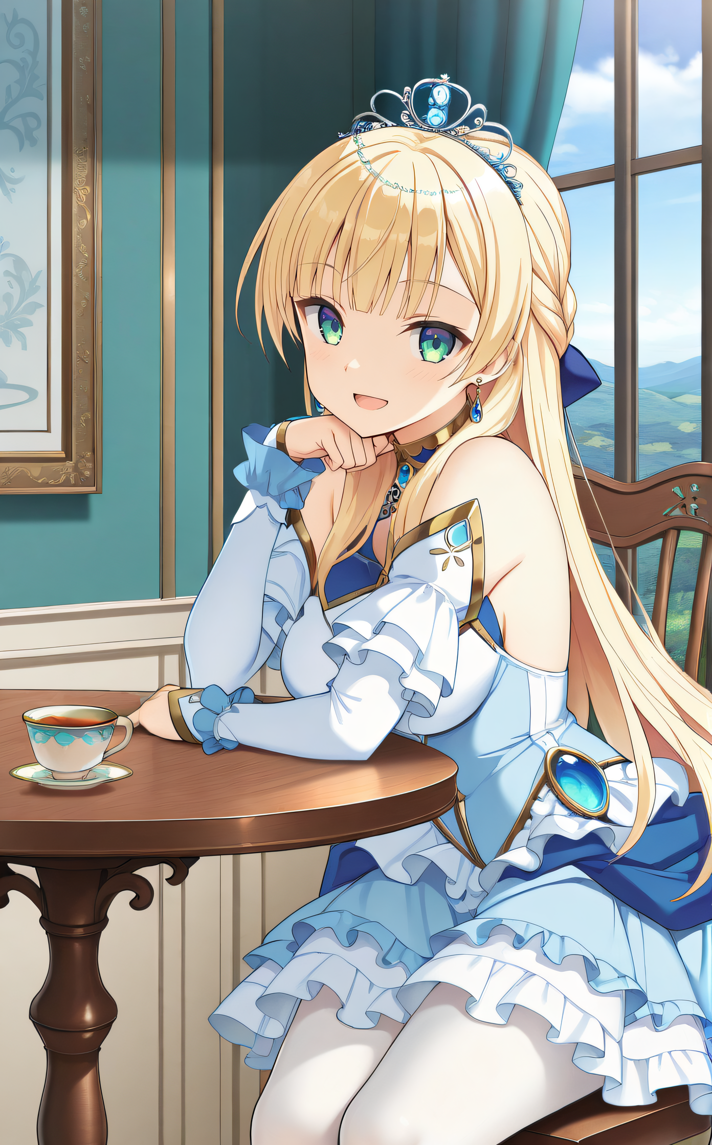 masterpiece, best quality, highres, scenery, newest, 1girl, solo, official style, <lora:IL_Sylvia_le_Cruzcrown:1>, sylvia, blonde hair, long hair, green eyes, earrings, tiara, detached sleeves, light blue frilled dress, white pantyhose, looking at viewer, smile, cowboy shot, sitting on chair, table, tea cup, open mouth
