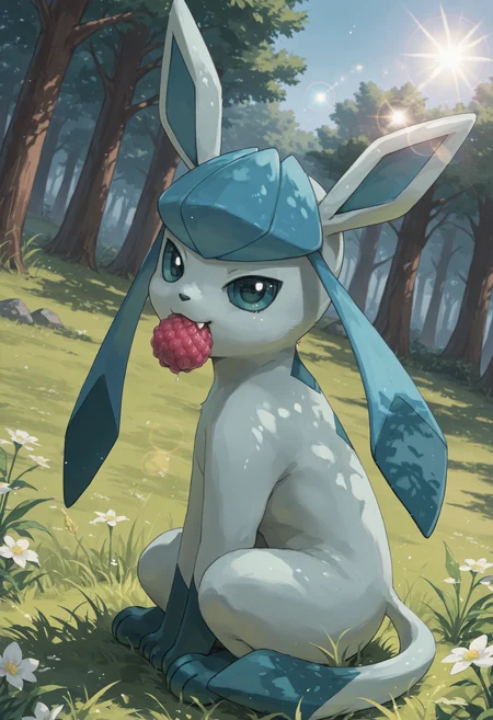 score_9, score_8_up, score_7_up, source_anime BREAK
forest, trees, grass, sunbeam, lens flare, flowers, solo
GL4C30N, quadraped, light blue skin, teal paws, long ears, tail, teal eyes
sitting, from side, sideview, eating berry, dutch angle, happy, fang, mouth hold, looking at viewer, head tilt, blue sclera
<lora:Glaceon_Pokemon:1>