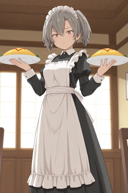 masterpiece, best quality, amazing quality, 1girl, sh10r1s41t0u, grey hair, short hair, twintails, hair between eyes, brown eyes, maid, maid_costume, indoors, long dress, aesthetic, holding plate, omelet