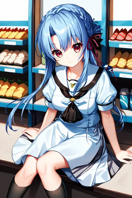 score_9, score_8_up, score_7_up, score_6_up, rating_safe, source_anime, best quality, masterpiece, detailed background, detailed eyes, solo, convenience store, sitting behind counter, <lora:sorakado-ao-xl-06:1>, sorakado ao, white school uniform, white skirt, black socks, medium breasts, full breasts, resting head on hand,