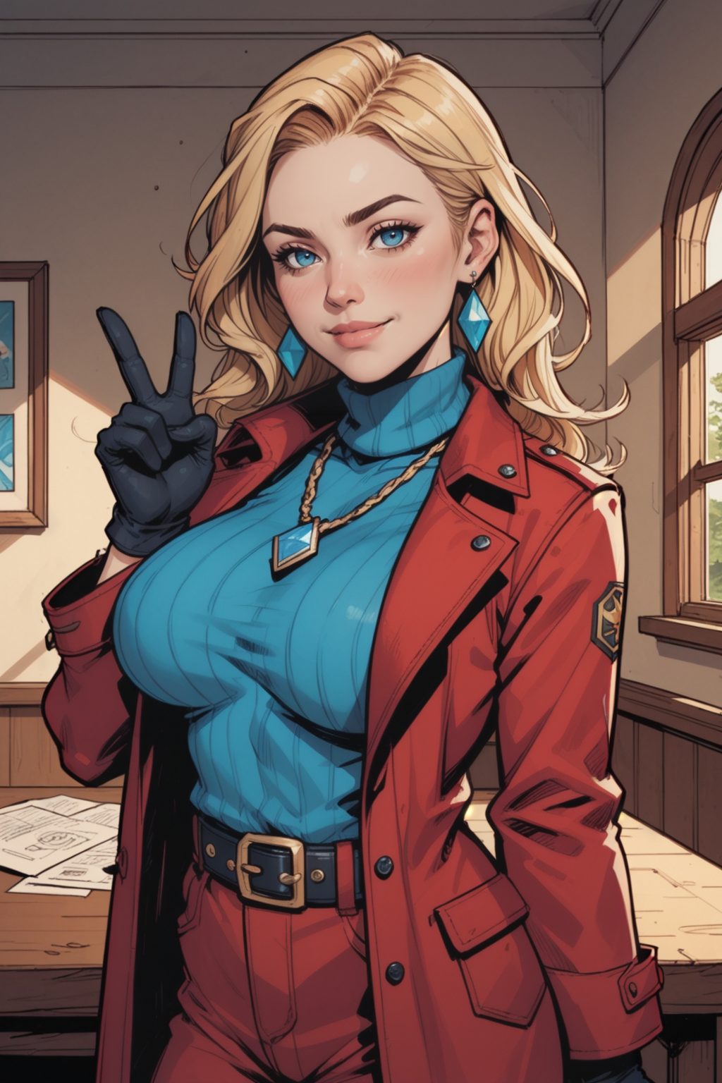 1girl, jewelry, solo, gloves, blue eyes, blonde hair, long hair, breasts, earrings, belt, smile, v, looking at viewer, necklace, black gloves, coat, turtleneck, large breasts, closed mouth, window, upper body, indoors, turtleneck sweater, sweater, red coat, belt buckle, buckle, black belt, hand up, open coat, long sleeves, brown belt, elbow gloves, open clothes, lips, pendant, jacket, hair between eyes, blue sweater, blush, parted bangs, blue shirt, gem, blurry background, blurry, <lora:Expressive_H:0.5>, score_9, score_8_up, score_8_up, a_Comic_Illustration, rough lines with ink, (drawn:1.1), (sketch:1.5), (crosshatching:1.25), (comic style:1.1), graphic novel style, sharp lines, hires, zstyle, (western comics \(style\):1.1), (hatching \(texture\):1.2), zPDXL, Mr_Monster_Possitive, beautiful detailed eyes, extreme details eyes,  perfect anatomy,, 1girl, thighs, cowboy shot