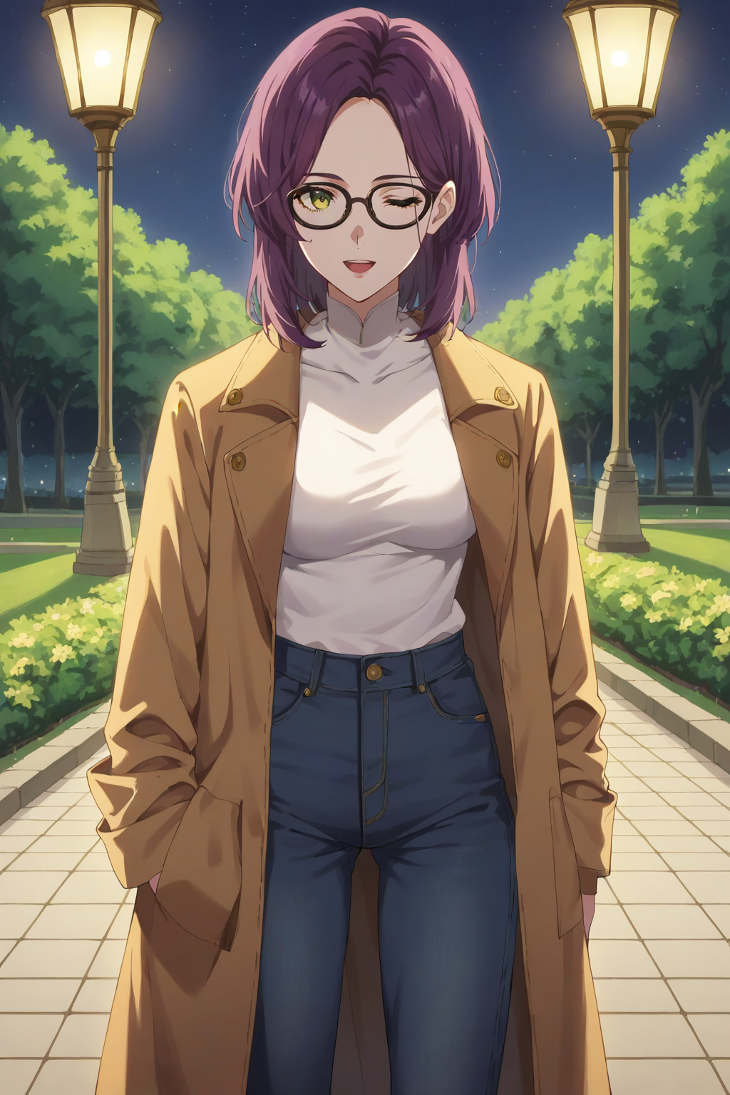 score_9, score_8_up, score_7_up, source_anime, 1girl, prefect lighting, very aesthetic, intricate details, highly detailed background, masterpiece, high quality, prefect hands, best quality, solo,
<lora:Amy_Bartlett_Violet_Evergarden_V1:.8>, KJOamy, purple hair, dark yellow eyes, green eyes, medium hair, parted bangs, black glasses, 
jeans, black sneakers, white print t-shirt, black fur coat, open jacket,
waving, smile, open mouth, one eye closed,
night, park, trees, street lamps, grass,
(Beautiful, medium Breasts:1.2), natural breasts,