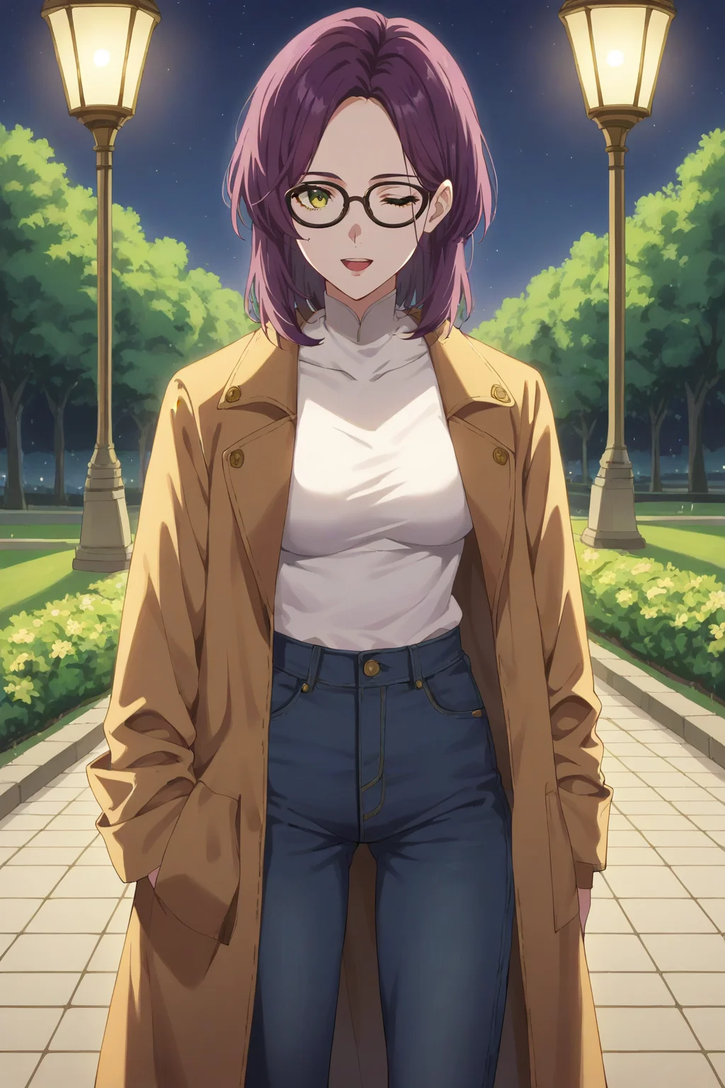 score_9, score_8_up, score_7_up, source_anime, 1girl, prefect lighting, very aesthetic, intricate details, highly detailed background, masterpiece, high quality, prefect hands, best quality, solo,
<lora:Amy_Bartlett_Violet_Evergarden_V1:.8>, KJOamy, purple hair, dark yellow eyes, green eyes, medium hair, parted bangs, black glasses, 
jeans, black sneakers, white print t-shirt, black fur coat, open jacket,
waving, smile, open mouth, one eye closed,
night, park, trees, street lamps, grass,
(Beautiful, medium Breasts:1.2), natural breasts,
