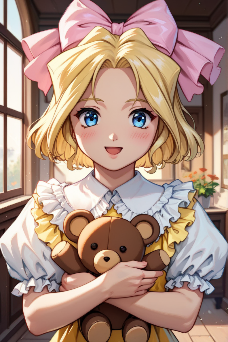 score_9, score_8_up, score_7_up, very aesthetic, source_anime, detailed, high quality, beautiful, masterpiece, detailed eyes,
indoor, blurry background,
<lora:lightXL:0.8>
cowboy shot, upper body,
holding stuffed toy, smile, open mouth, blush,
 <lora:iris_autismConfetti_v01:0.95>flat chest,
irisBase, blonde hair, blue eyes, hair bow, pink bow, short hair, parted bangs,
yellow dress, frills, white puffy sleeves, short sleeves,  layered dress, lace  white socks,, zPDXL