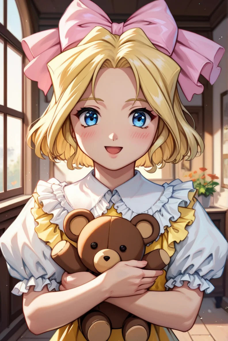 score_9, score_8_up, score_7_up, very aesthetic, source_anime, detailed, high quality, beautiful, masterpiece, detailed eyes,
indoor, blurry background,
<lora:lightXL:0.8>
cowboy shot, upper body,
holding stuffed toy, smile, open mouth, blush,
<lora:iris_autismConfetti_v01:0.95>flat chest,
irisBase, blonde hair, blue eyes, hair bow, pink bow, short hair, parted bangs,
yellow dress, frills, white puffy sleeves, short sleeves, layered dress, lace white socks,, zPDXL