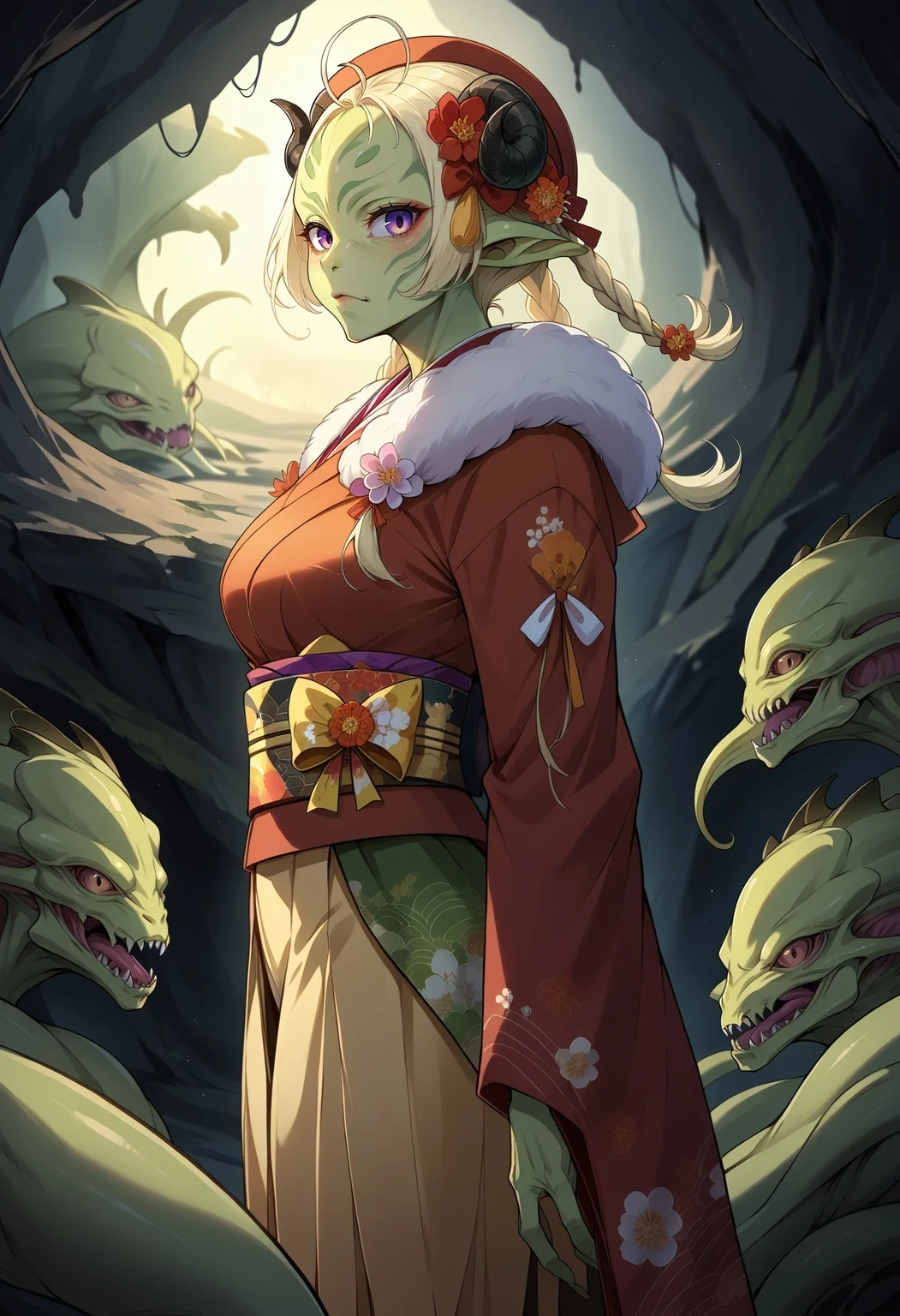 score_9, score_8_up,score_7_up, source_anime,
BREAK
solo,alien humanoid TsunomakiWatame, horns, long hair, ahoge,WatameNewYears, twin braids, hair flower, red kimono, yellow hakama skirt, bow, floral print, sash, fur scarf, hat , grinning, from side, cave,looking at viewer,
<lora:Potat-Alienfier_humanoid-V1PN:-1.55> <lora:last_1:0.8>