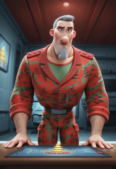 Cartoon source, High Quality, perfect anatomy, amazing art, LineArt, Master piece, Nice art, Steve Claus, 1boy, solo, Mature man, Mature man, gray hair, short hair, black eyes, big nose, eyebrows, goatee, Christmas tree goatee, facial hair, gray hair, Big pecs, Big chest, military uniform, dynamic pose, dynamic view, dynamic expressions