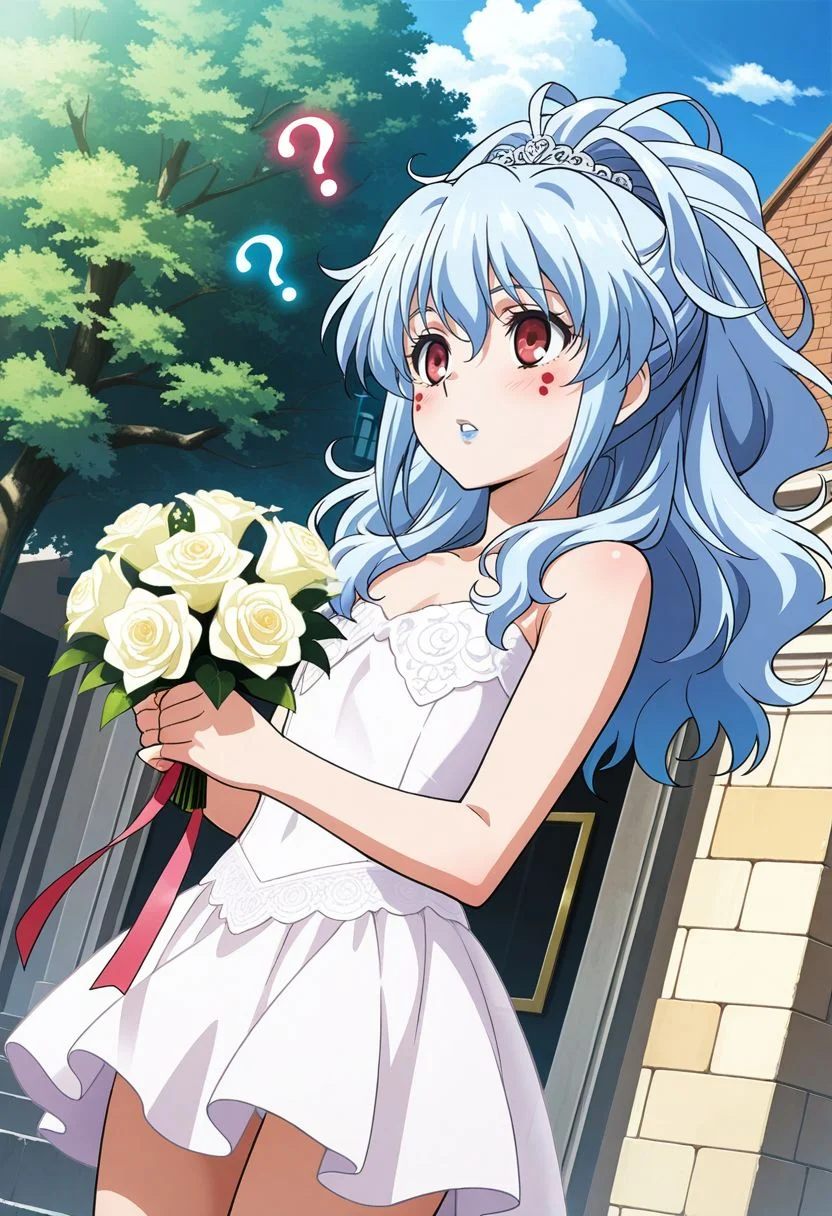 detailed eyes, beautiful, detailed background, perfect eyes,
source_anime, very aesthetic, anime coloring, masterpiece, official art,
<lora:HandFineTuning_XL:1>
BREAK,
street, church, trees, outdoor,
cowboy shot, dynamic angle, holding bouquet, question mark icon, confused, parted lips,
flat chest,
BREAK,
<lora:alfimi_illustrious_v01:0.8>alfimisrw, light blue hair, long hair, wavy hair, hair between eyes, red eyes, facial mark, blue lips, wedding dress, frills, short dress,
