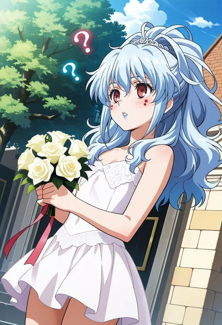 detailed eyes, beautiful, detailed background, perfect eyes,
source_anime, very aesthetic, anime coloring, masterpiece, official art,
<lora:HandFineTuning_XL:1>
BREAK,
street, church, trees, outdoor,
cowboy shot, dynamic angle, holding bouquet, question mark icon, confused, parted lips,
flat chest,
BREAK,
<lora:alfimi_illustrious_v01:0.8>alfimisrw, light blue hair, long hair, wavy hair, hair between eyes, red eyes, facial mark, blue lips, wedding dress, frills, short dress,