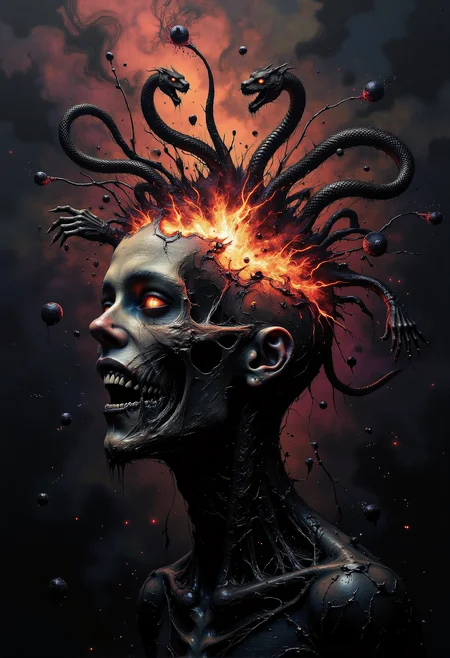 A surreal close-up of a human head mid-explosion, with the upper skull bursting open in a chaotic display. From the explosion, dark, twisted, and shadowy forms emergeâserpents, clawed hands, and ghostly faces, all entangled with vibrant red threads representing lust and desire. Smoky tendrils weave through the scene, wrapping around fragments of the head, while glowing eyes and devilish grins lurk within the chaos. The background is an abstract void of swirling blacks and deep purples, illuminated by flickering sparks of crimson, highlighting the intensity of the unleashed thoughts <lora:- Flux1 De-Distilled - temp_haunting_cre_1.0.safetensors:0.5>, <lora:we-br-v2.safetensors:0.75>,