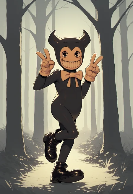 <lora:ollie_PDXL_Mlaofmd-09:1.0> score_9, score_8_up, score_7_up, 1boy, solo, ollie, bendy the dancing demon, black skin, 2 horns, black eyes, smile, grin, bow tie, gloves, black shoes, forest, full body, double v, side view, looking at viewer